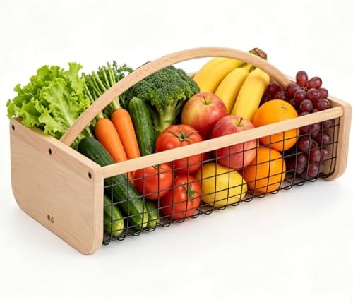 Garden Hod Harvest Basket, Wooden Garden Harvest Basket with Metal Mesh, Vegetable Gathering Basket for Fruit Picking, Rinse & Drain Gardening Basket for Kitchen, Picnic, Farmhouse Decor-Small