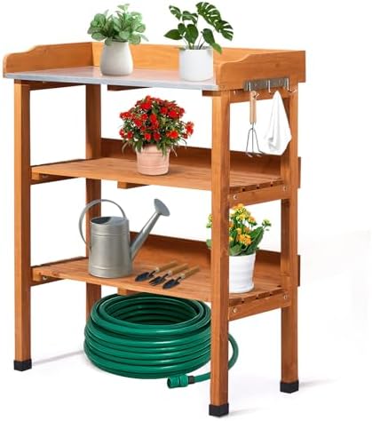 Outdoor Garden Potting Bench Table Work Bench with 2-Tier Storage Shelf, Metal Tabletop, 3 Hooks for Horticulture, Natural Wood