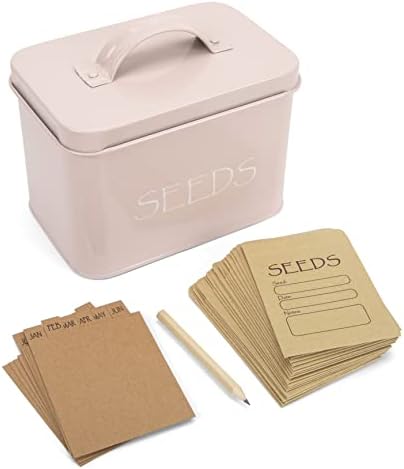 Katai Seed Storage Box – Durable Metal Seed Organizer Storage Box for Gardeners, Complete Seed Packet Storage Box with Lid, Monthly Dividers, 20 Envelopes & Pencil, Compact Seed Saver, Pink Flamingo