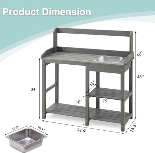 Outdoor Potting Bench Table with Sink for Outside Garden, Gray