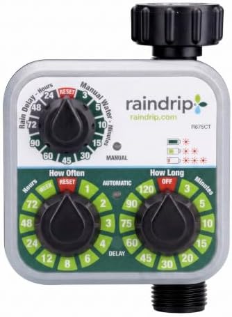 Raindrip R675CT Analog 3-Dial Water, Sprinkler Timer with Rain Delay for Drip Irrigation, Garden, Self-Watering