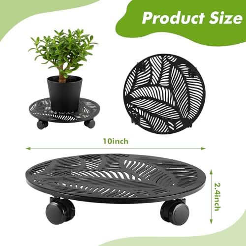 Planterhoma 2 Packs 10 Inch Rolling Plant Stand with Wheels Metal Plant Caddy with Wheels Heavy Duty Plant Rollers with Metal Wheels Round Wrought Iron Plant Stand with Tropical Leaf