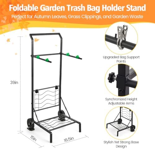 Upgraded Foldable Leaf Bag Holder, 30-45 Gallon Mobile Trash Bag Stand