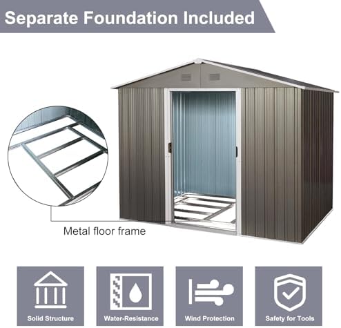 8 x 6 FT Outdoor Storage Shed, Metal Garden Shed with Floor Frame, Large Tool Shed Outdoor Storage with Lockable Sliding Doors & Air Vents, Storage House Waterproof for Backyard, Lawn, Gray
