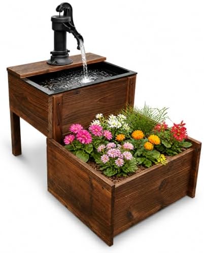 Outdoor Water Fountain，Floor Wooden Rectangular Double-Layer Old-Fashioned Pump Fountain with Flower Box，Plug-in Electric Decorative Hand Pump,Outdoor Water Feature for Garden Patio Backyard