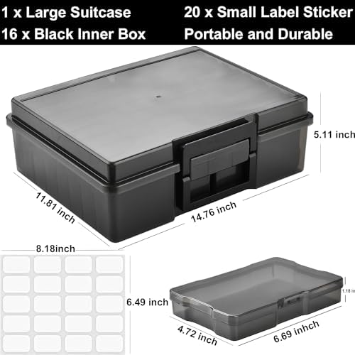 Photo Storage Box with 16 Inner 4" x 6" Photo Case, Portable Storage Organizer with Handle Craft Keeper for Picture, Stickers, Stamps, Screws, Hair Clips, Black