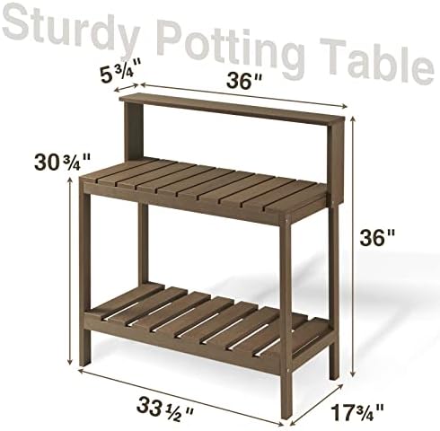 Outdoor Potting Bench, HDPE Patio Potting Table for Porch, Brown