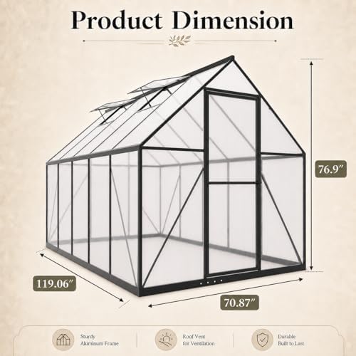 Greenhouse Kits for Outdoors, 6x10 FT Walk-in Plant Green House with Locking Door & Roof Vent, Heavy Duty Aluminum Frame Winter Greenhouse for Backyard Gardening