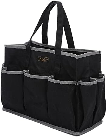 Canvas Tool Tote Bag, Heavy Duty 16oz Waxed Canvas Tool Storage Pouch with 1 Large Compartment & 10 Small Pockets | Multi-Purpose Garden Tool Bag for Horticulturists Mechanics Craftsmen – Black