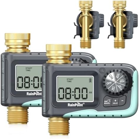 RAINPOINT Sprinkler Timer, 100% Metal Pipe Water Timer for Garden Hose, Programmable Hose Controller for Watering, Sprinkler Controller with Manual Watering/Rain Delay for Outdoor Lawn & Garden (2PCS)