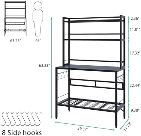 Outdoor Potting Bench Table with Storage, 63" Tall Metal Garden Workstation, 4-Tier Plant Stand Shelves with 8 Hooks, Heavy Duty All-Weather Potting Table for Patio, Backyard, Balcony, Black