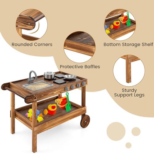 HONEY JOY Mud Kitchen with Wheels - Fir Wood Outdoor Play Kitchen for Toddlers, Garden Sink, Stoves, Storage Shelf, Kids Outdoor Backyard Kitchen Playset