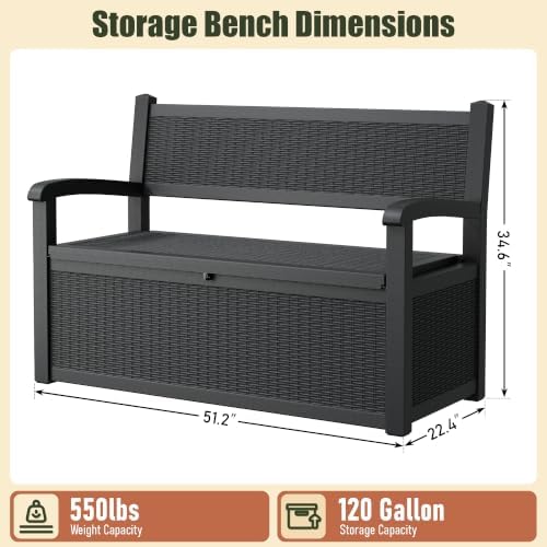 120 Gallon Outdoor Storage Bench, Storage Box, Deck Box, Black