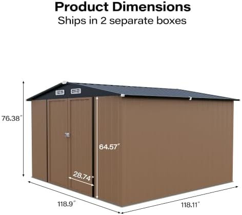 LAUSAINT HOME 10 x 10 FT Outdoor Storage Shed, Heavy Duty Galvanized Steel Storage Shed with Double Lockable Doors, Gable Roof & Air Vent for Backyard & Patio, Brown