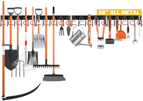 68'' All Metal Adjustable Garden Tool Organizer: Garage Tool Organizer Wall Mount with Orange Hooks, Garage Organizers and Storage, Tool Hangers for Shed