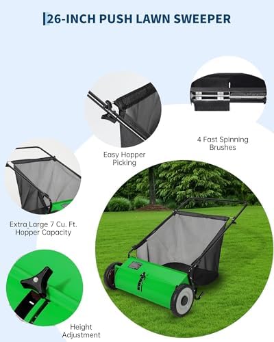 26-Inch Lawn Sweeper, 198L Extra-Large Collection Bag, 4 High-Speed Rotating Brushes, Adjustable Height Settings, Easy Leaf, Grass & Debris Cleanup for Lawns, Driveways, Patios & Artificial Turf