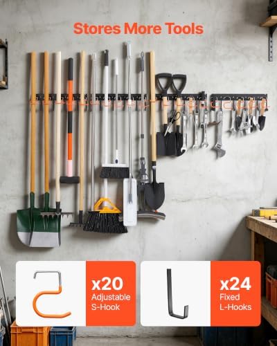 VEVOR Garage Tool Organizer 68 Inch 450 lbs Wall Mount Garden Tool Rack, Heavy Duty Hanging Storage Organization, 4 Rails with 24 Fixed L-Hooks, 20 Adjustable S-Hooks, for Yard Tools, Shovel, Shed
