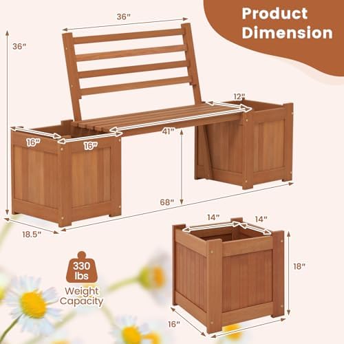 GIANTEX Set of 2 Outdoor Bench with Backrest, Wood Raised Garden Bed w/Open Base, Weather-Resistant Square Deep Planter Boxes for Flowers Fruit Vegetable, Bench Seat for Porch Yard Balcony Lawn