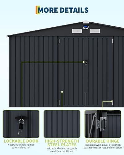 Garvee 10x12 ft Heavy-Duty Metal Storage Shed with Lockable Door & Windows - Galvanized Steel Outdoor Utility Shed with Sloped Roof for Backyard, Garden, Garage, and Patio, Dark Gray