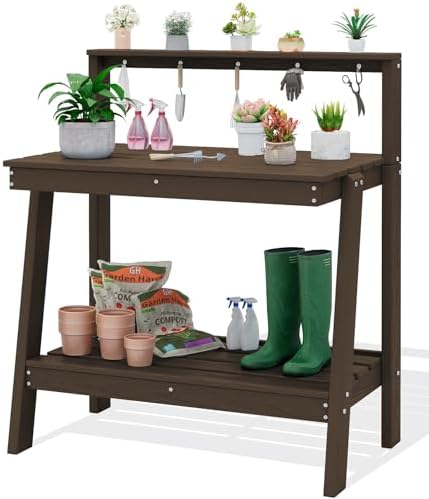 SERWALL 3-Tier Outdoor Potting Bench with Storage,Gardening Table,Coffee