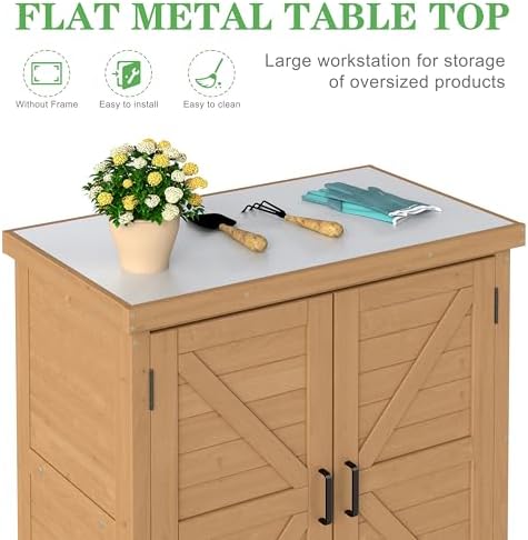 Outdoor Potting Bench with Storage Cabinet and Metal Top, Wood Workstation for Outdoor Patio, Garden (Light Brown, 31x17x36‘’)