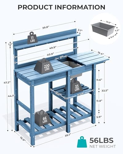 SERWALL Outdoor Potting Bench with Removable Sink,Gardening Table,Blue