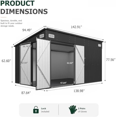8'x12' Outdoor Lean to Storage Shed with Triple Doors Utility Galvanized Steel Sheds for Vertical Storage, Dual Lock Metal Shed with Sloped Roof for Mower,Bike,Garden Tools (Black)