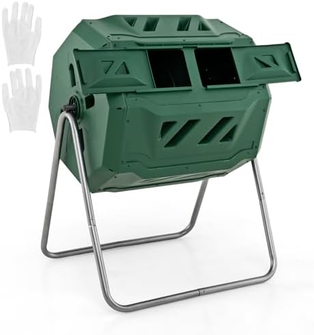 Goplus Compost Tumbler, 43 Gallon Rotating Compost Bin Barrel, Dual Chamber Tumbling Composter with Sliding Door, Gloves, Aeration System for Outdoor, Garden, Yard