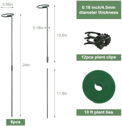 6 Packs Plant Support Sticks for Indoor Plants, Two Sizes (12 or 24 Inches) Orchid Stick and Clip, 0.18 inch Thicker Support Stake with Plant Ties and 12 Pcs Plant Clips for Flowers