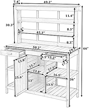 66" Large Outdoor Farmhouse Wooden Potting Bench Table, Garden Workstation with 2 Drawers, Cabinet and Open Shelves for Backyard, Mudroom (White/Outdoor#)