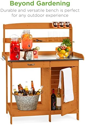 Best Choice Products Outdoor Garden Wooden Potting Bench Work Station w/Metal Table Top, Pre-Stained Finish, Cabinet, Sliding Drawer, Large Bottom Shelf - Brown