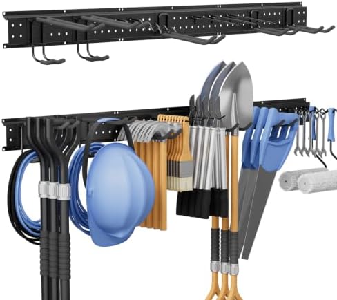 49.5" Garage Tool Organizer Wall-Mounted, Heavy Duty Garage Wall Organizer with 10 Adjustable Hooks, Garden Tool Storage Rack, Holds Up to 400 lbs