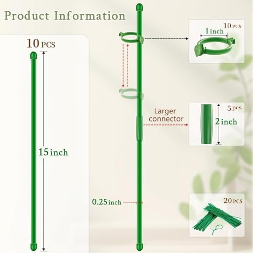 Plant Support Stakes 15 Inch for Indoor Plants,10 Pcs SupKing Orchid Sticks with Clips Garden Stake Extended for Outdoor Potted Tomato Rose Vegetables House Palnts Comes with 20 Plants Ties