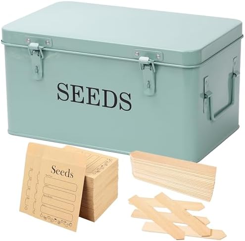 Large Modern Green Rectangular Metal Seed Storage Box with 4 Compartments and 40 Envelopes and 20 Bamboo Plant Labels