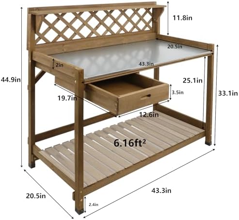 Garden Potting Benches & Tables,Outdoor Wooden Work Station W/Metal Table Top,Drawer,Large Bottom Shelf,Open Shelf Natural Wood-Natural Stained (43.5" D x 20.5" W x 45" H)