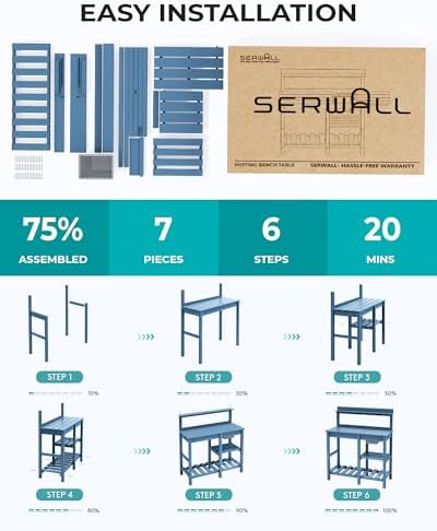 SERWALL Outdoor Potting Bench with Removable Sink,Gardening Table,Blue