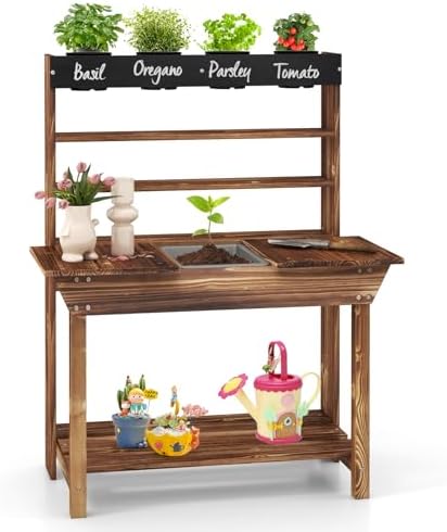 KOTEK Kids Potting Bench, Fir Wood Outdoor Mud Table with 4 Pots, Chalkboard, Removable Sink, Storage Shelves, Mud Kitchen for Kids Outdoor Garden, Gift for Boys Girls 3+