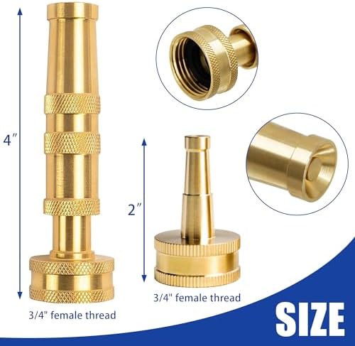Hourleey 4" Adjustable Twist Hose Nozzle, 2" Heavy-Duty Brass 3/4" GHT Hose Nozzle Jet with 2 Garden Hose Rubber Washers (Nozzle Twist and Nozzle Jet)