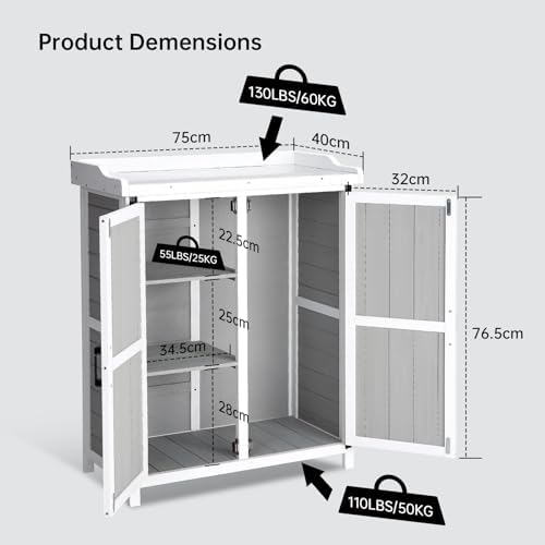 Outdoor Potting Bench with Metal Work Top,Waterproof Garden Storage Cabinet, Wooden Garden Work Bench with Adjustablev Shelves & Double Doors for Backyard, Patio, Lawn Gardening,White Grey