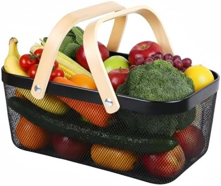 Portable Mesh Harvest Basket - Natural Bamboo Handle Foldable Organizer for Kitchen, Garden & Picnic | Ventilated Storage Bin with Rust-Proof Wire, Space-Saving Farmhouse Decor (Black)