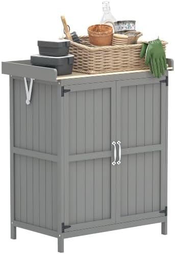 Outsunny Outdoor Storage Cabinet with Metal Tabletop Shelf Gray