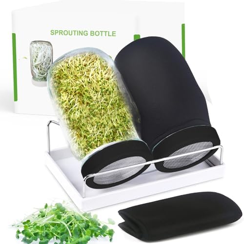 Organic Seed Sprouting Jar Kit – 2 × 32 oz Wide-Mouth Mason Jars with Stainless-Steel Sprouter Lids & Stand, Blackout Sleeves, Drain Tray – Grow Broccoli, Alfalfa & Bean Microgreens