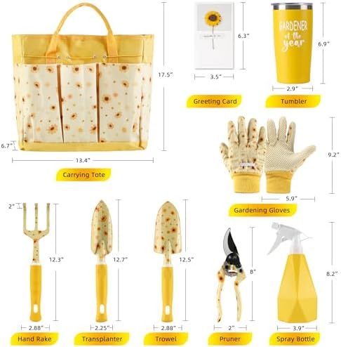 Garden Tool Set with Sunflower Print, Heavy Duty Gardening Hand Tools with Garden Tool Bag,Gardening Gifts for Women&Men,Yellow