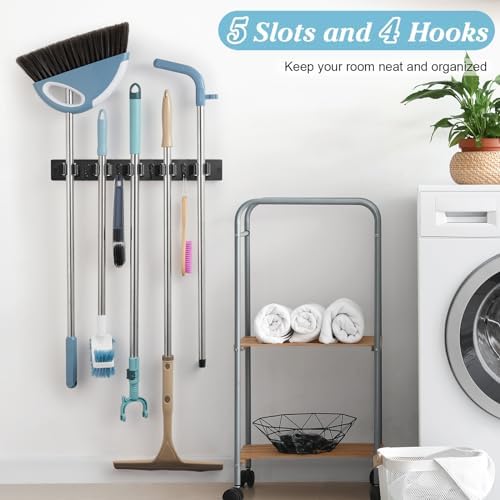 Black Broom Holder Wall Mount - Heavy Duty Wood Mop and Broom Organizer with 5 Slots & 4 Hooks - Sturdy Garden Tool Hanger for Laundry Room Closet Kitchen Garage Storage and Organization