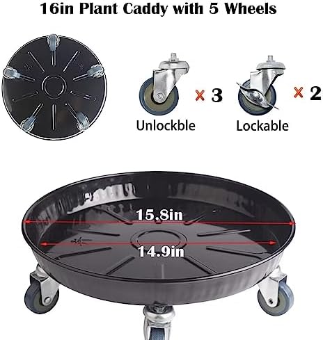 ARTLINE Round Plant Stand with Lockable Wheels, Heavy Duty for Indoor Outdoor, Large Rolling Dolly Planter Caddy on Casters to Carry Potted Flower Pot, Round Metal Tray NO Holes, Black