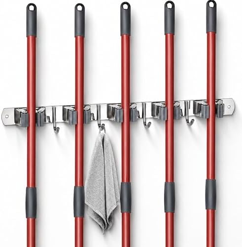voze 5 Racks and 4 Hooks Mop and Broom Holder Wall Mount, Self Adhesive Heavy Duty Broom Hanger Organizer Storage Tool Racks for Kitchen Garden Laundry Garage