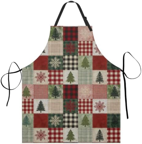 Christmas Aprons Xmas Square Checkered Kitchen Apron with 2 Pockets