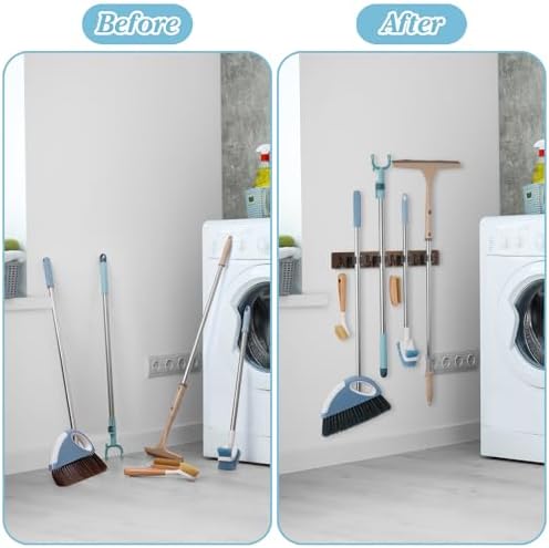 Broom Holder Wall Mount - Heavy Duty Wood Mop and Broom Organizer with 4 Slots & 4 Hooks - Garden Tool Hanger for Laundry Room Closet Kitchen Garage Storage and Organization - Modern Home Decor