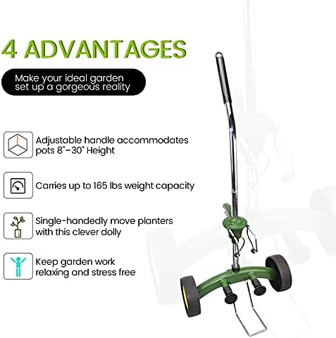 Heavy Duty Plant Dolly Caddy - Pot Mover for Garden w/ 165 lb Capacity, Flat-Free Wheels & Suction Cups | Adjustable Handle, Floor Protection