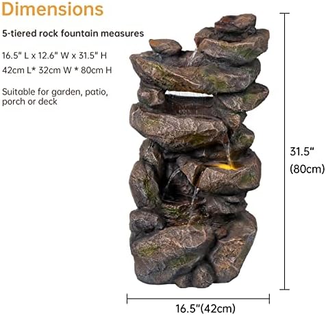 31.5” Outdoor Rock Waterfall Fountain – 5-Tier Rustic Cascading Water Feature with LED Lights | Relaxing Flow & Ambient Glow for Garden, Patio, Yard | Stylish Home Decor Idea